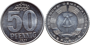 ГДР 50 пфеннигов 1971 A KM 12.2 алюминий UNC 76-1141