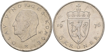 Норвегия 5 крон 1976 Улаф V (1958-1991) KM 420 медно-никель 4572-231