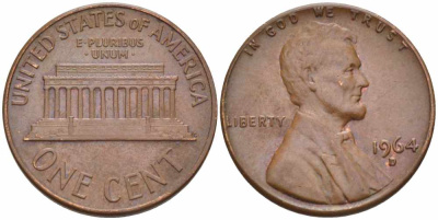 США 1 ЦЕНТ 1964 D, ЛИНКОЛЬН KM 201 медь цинк 105-643