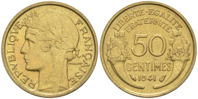 ФРАНЦИЯ 50 САНТИМОВ 1941 ТИП MORLON KM 894.1, LE FRANC 192.18 алюминиевая бронза 44-644