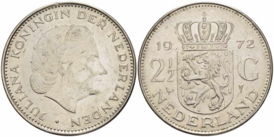 Нидерланды 2 1/2 гульдена 1972 Юлиана (1948-1980) KM 191 никель 38-624