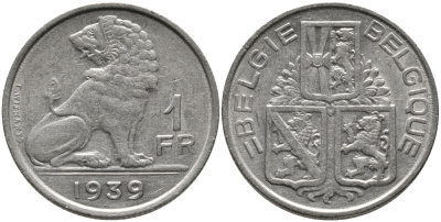 БЕЛЬГИЯ 1 ФРАНК 1939 BELGIE-BELGIQUE KM 120 никель 4384-936