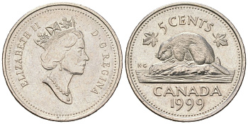 Канада 5 центов 1999 Елизавета II (1952-2022), бобер KM 182 медно-никель UNC 4385-855
