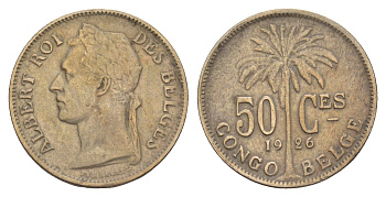 Бельгийское Конго 50 сантимов 1926 Надпись на французском - 'ALBERT ROI DES BELGES' KM 22 медно-никель 4654-1135