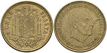 Испания 1 песета 1966 (68) Франсиско Франко (1939-1975) KM 796 алюминиевая бронза 3336-1242