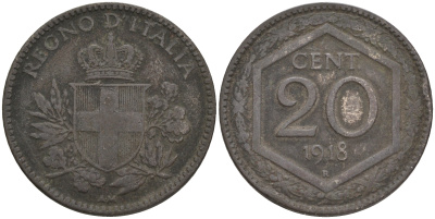 ИТАЛИЯ 20 ЧЕНТЕЗИМО 1918 R, ВИТОРИО ИМАНУИЛ III KM 58 медно-никель 4556-251