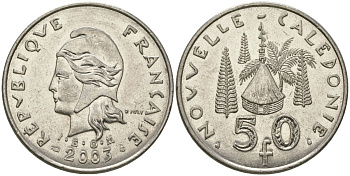 Французская Новая Каледония 50 франков 2003 хижина среди сосен и пальм, (IEOM) KM 13, Schoen 15, Lec 121 никель 111-811