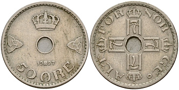Норвегия 50 эре 1927 Хокон VII (1905-1957) KM 386 медно-никель 4152-457