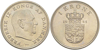 ДАНИЯ 1 КРОНА 1968 C;S, ФРЕДЕРИК IX (1947-1972) KM 851.1 медно-никель 202-816