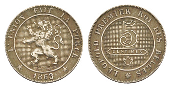 Бельгия 5 сантимов 1863 Belges, Леопольд II (1831-1865) KM 21 медно-никель 4169-131