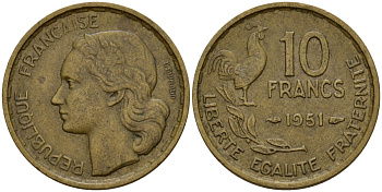 Франция 10 франков 1951 B, петух KM 915.2, Le Franc 363.5 алюминиевая бронза 4159-916