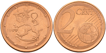 Финляндия 2 евроцента 1999  KM 99 сталь плакированная медью  UNC  4160-357