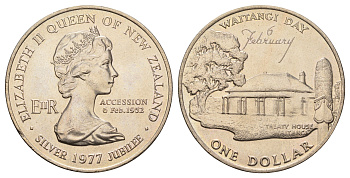 Новая Зеландия 1 доллар 1977 25 лет правления Королевы Елизаветы II и День Вайтанги KM 46 медно-никель BU 4537-822