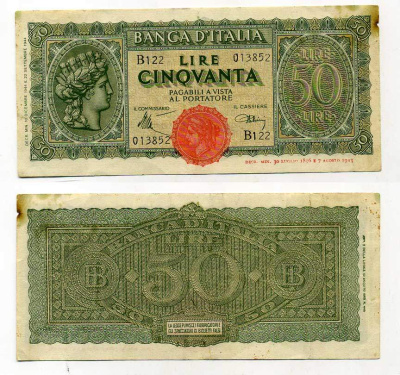 Италия 50 лир 1944 Pick 74, Grapanzano 131A 450-92-1