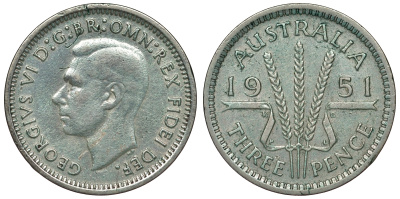 Австралия 3 пенса 1951 PL, Георг VI (1937-1952) KM 44 серебро 71-341