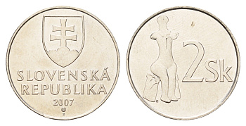 Словакия 2 кроны 2007 KM 13 сталь плакированная никелем UNC 4148-542