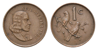 ЮАР 1 цент 1966 Ян ван Рибек (1619-1677), Suid Africa, легенда на африкаанс, капские воробьи KM 65.2 бронза 187-965