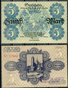 Германия, Баутцен 5 марок 1918 нотгельд, 8.11.1918, цифры узкие Gei.030.01  бумага  UNC (пресс) 000-00-00