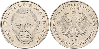 ФРГ 2 марки 1988 F, Людвиг Эрхард, 40 лет Федеративной Республике (1948-1988) KM 170, J. 445 медно-никель плакированный никелем 4137-446