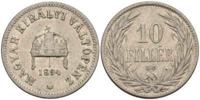 Венгрия 10 филлеров 1894 KB, Франц Иосиф I (1848-1916) KM 482 никель 4151-1062