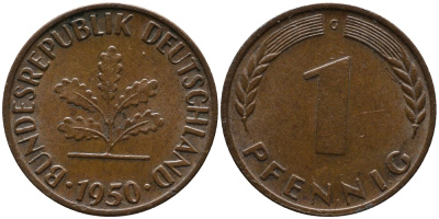 ФРГ 1 пфенниг 1950 G KM 105, J.380 сталь плакированная медью 99-246