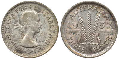 Австралия 3 пенса 1957 m, Елизавета II (1952-2022) KM 57 серебро 71-163