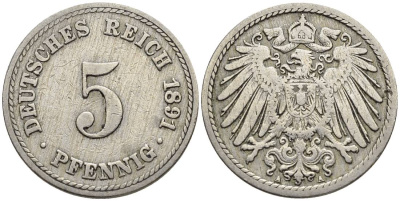 ГЕРМАНИЯ 5 ПФЕННИГОВ 1891 A KM 11, Jager 12, Weege 6 медно-никель 4547-324