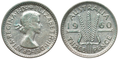 Австралия 3 пенса 1960 m, Елизавета II (1952-2022) KM 57 серебро 71-632