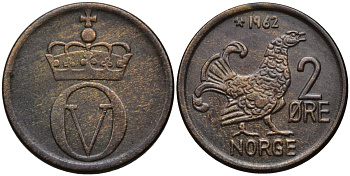 Норвегия 2 эре 1962 курица, Улаф V (1958-1991) KM 410 бронза 4175-426