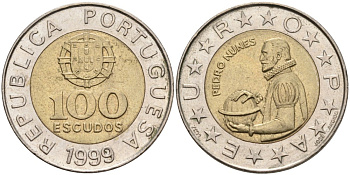 Португалия 100 эскудо 1999 Педру Нуниш (1502-1578), математик KM 645.1 биметалл 261-952