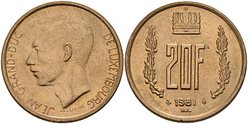 Люксембург 20 франков 1991 KM 67 алюминиевая бронза 4157-425