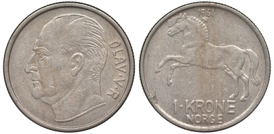 Норвегия 1 крона 1961 лошадь KM 409 медно-никель 25-2131