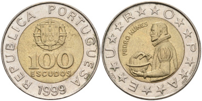 Португалия 100 эскудо 1999 Педру Нуниш (1502-1578), математик KM 645.1 биметалл 261-952