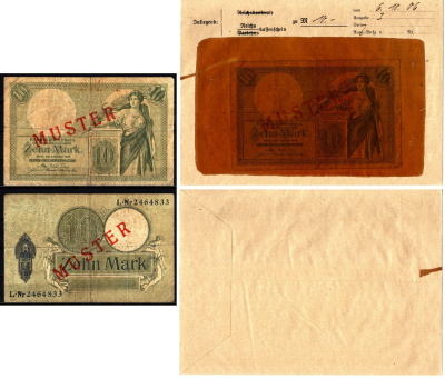 Германия 10 марок 1906 6 октября, MUSTER, образец, Specimen. В оригинальном банковском конверте. Из коллекции Отто Сейфферта (помощник Ялмара Шахта - министра экономики Германии и президента Рейхсбанка времен третьего рейха) Pick 9 s, Grabowski DEU 53 b б