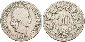 ШВЕЙЦАРИЯ 10 РАППЕНОВ 1900 В KM 27 медно-никель 96-614
