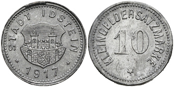 ГЕРМАНИЯ ГЕССЕН-НАССАУ ИДСТЕЙН 10 ПФЕННИГОВ 1917 КЛЯЙНГЕЛЬД цинк 75-1613