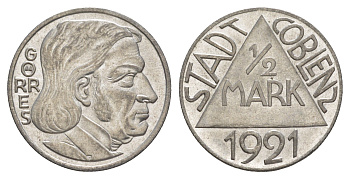 Кобленц 1/2 марки 1921 Funck 80.9A, Men05 4526.18, Men18 5727.18/20 сталь UNC 4582-1143