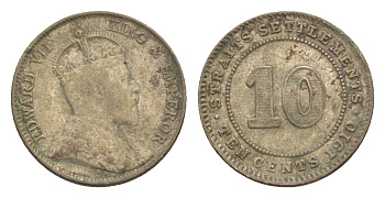 Стрейтс-Сетлментс (Стрейтс Сетлментс) 10 центов 1910 Эдуард VII (1901-1910) KM 21a серебро 1519-1211