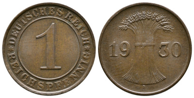 ГЕРМАНИЯ 1 РЕЙХСПФЕННИГ 1930 A KM 37, J. 313 бронза 4380-1214