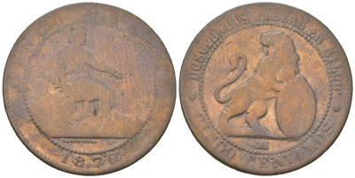 Испания 5 сентимо 1870 ОМ, лев со щитом KM 662 (Y 53) медь 4616-816