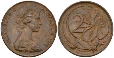 Австралия 2 цента 1975 Елизавета II (1953-), молодой портрерт, плащеносная ящерица KM 63 бронза 4601-745