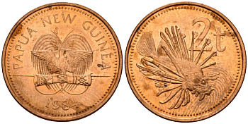 Папуа-Новая Гвинея 2 тойя 1984 Елизавета II (1953-) KM 2 бронза 4571-344