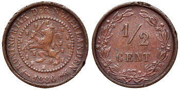Нидерланды 2 1/2 цента 1886 Виллем III (1849-1890) KM 109 бронза  4115-328