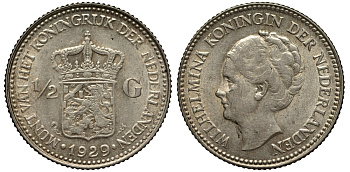 Нидерланды 1/2 гульдена 1929 Вильгельмина I (1890-1948) KM 160 серебро 31-814
