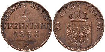 ПРУССИЯ 4 ПФЕННИГА 1868 С, ВИЛЬГЕЛЬМ I (1861-1888) KM 483 медь 117-434