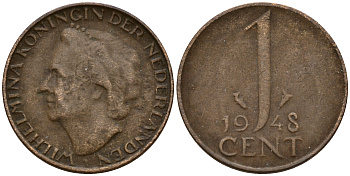 Нидерланды 1 цент 1948 Вильгельмина (1890-1948), год тип KM 175 бронза 4598-1249