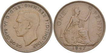 Великобритания 1 пенни 1947 Георг VI (1936-1952) КМ 845, Spink 4114 бронза 180-1225