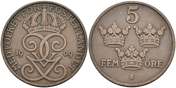 Швеция 5 эре 1909 Густав V (1907-1950), большой крест KM 779.2 бронза 4557-536