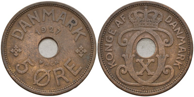 Дания 5 эре 1927 Кристиан X (1912-1947) KM 828 бронза 4526-243