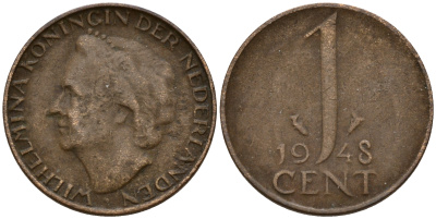 Нидерланды 1 цент 1948 Вильгельмина (1890-1948), год тип KM 175 бронза 4598-1249